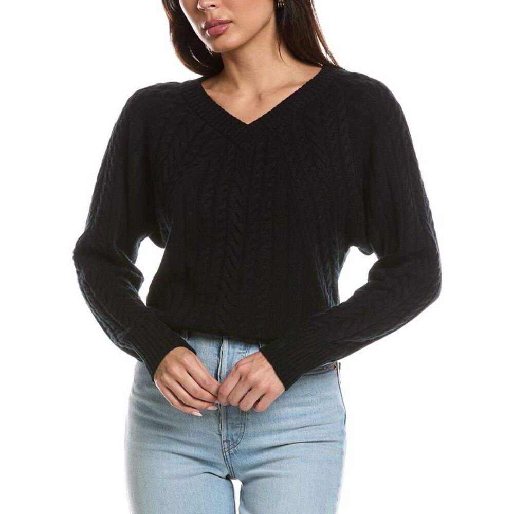 Forte Cashmere Womens  Diagonal Cable V-Neck 100% Cashmere Sweater, Black